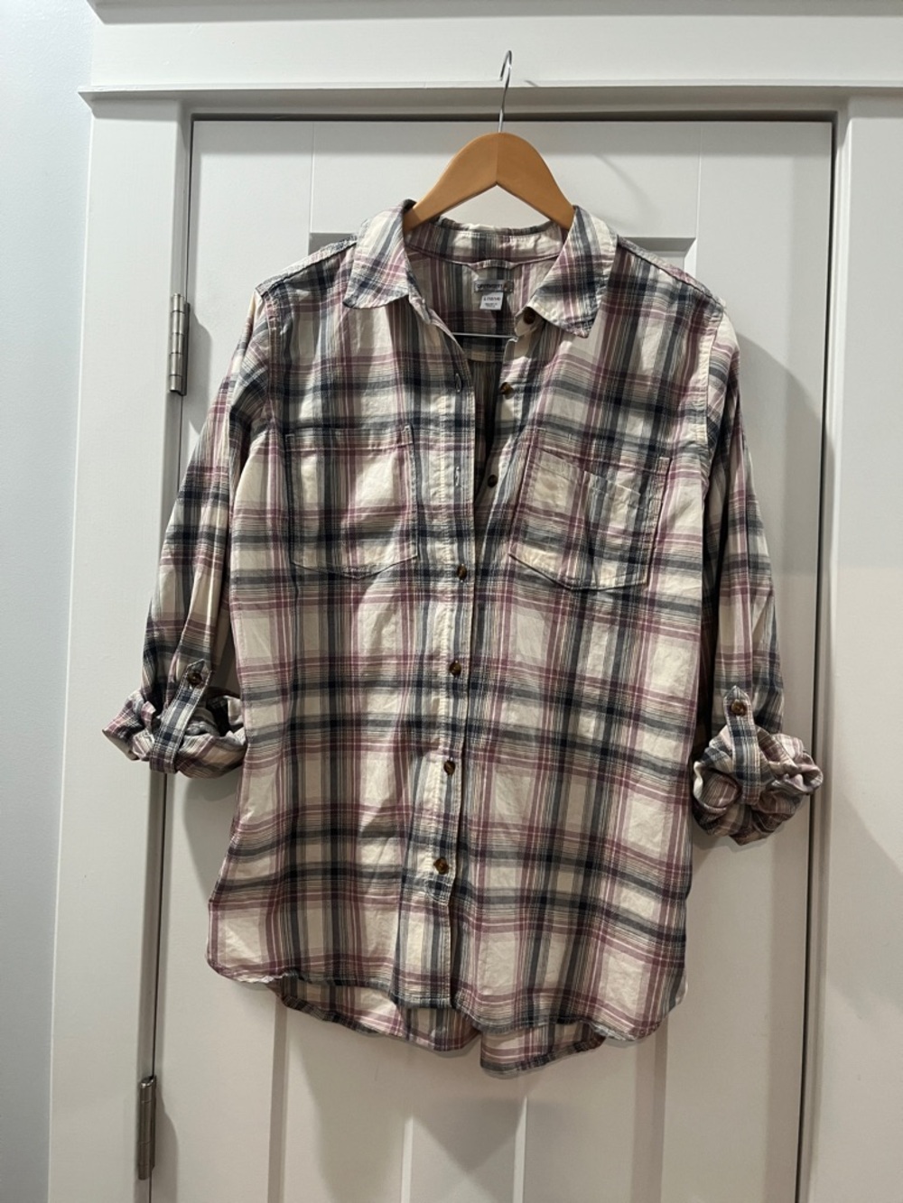 Carhartt Women's Plaid Button-Down Shirt in Cream Blue Purple & Tan Large